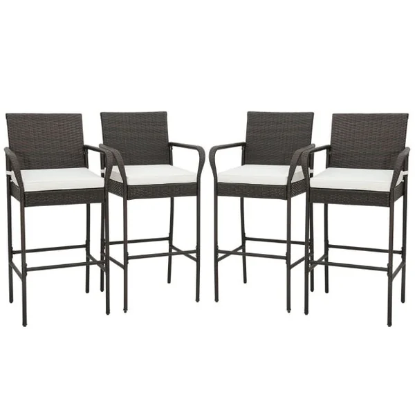 Lot de 4 Tabourets de Bar en Rotin PE Anti-UV Charge 180 KG avec Repose-Pieds Assise Rembourrée Lavable et Amovible
