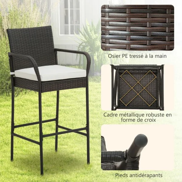 Lot de 4 Tabourets de Bar en Rotin PE Anti-UV Charge 180 KG avec Repose-Pieds Assise Rembourrée Lavable et Amovible