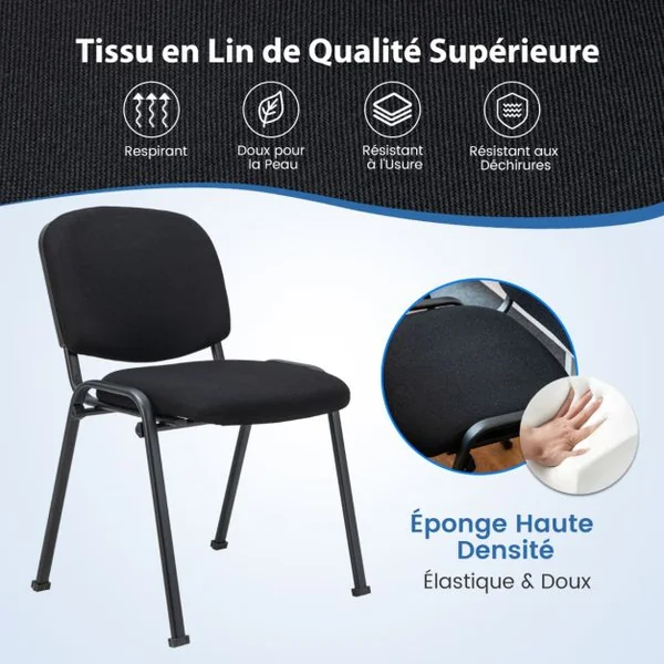 Lot de 5 Chaises de Conférence Ensemble de Chaises d'Invité Empilables Chaise de Bureau avec Cadre en Métal et Coussin Rembourré Noir