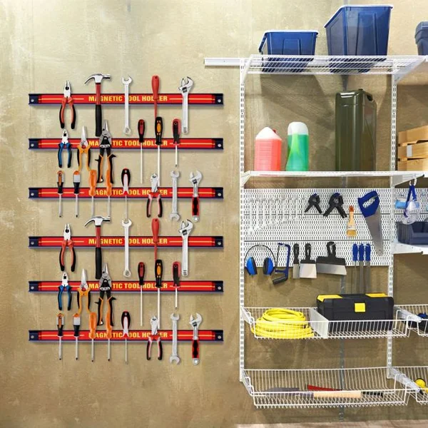 Lot de 6 Barres Magnétiques Porte-outils Magnétiques Capacité 6x10kg en Acier, 46x2,3x1,25cm, Rouge+Noir+Jaune