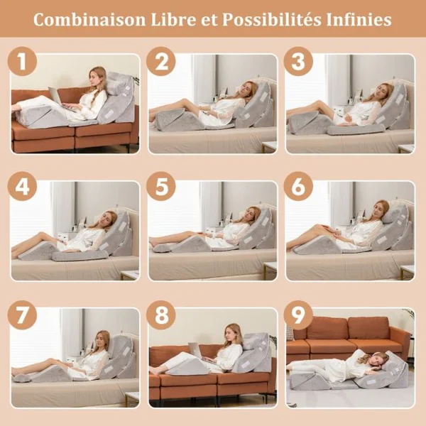 Lot de 6 Coussins/Oreillers de Lecture en Mousse à Mémoire Appuie-tête Amovible Oreiller Compensé Post-chirurgie Gris