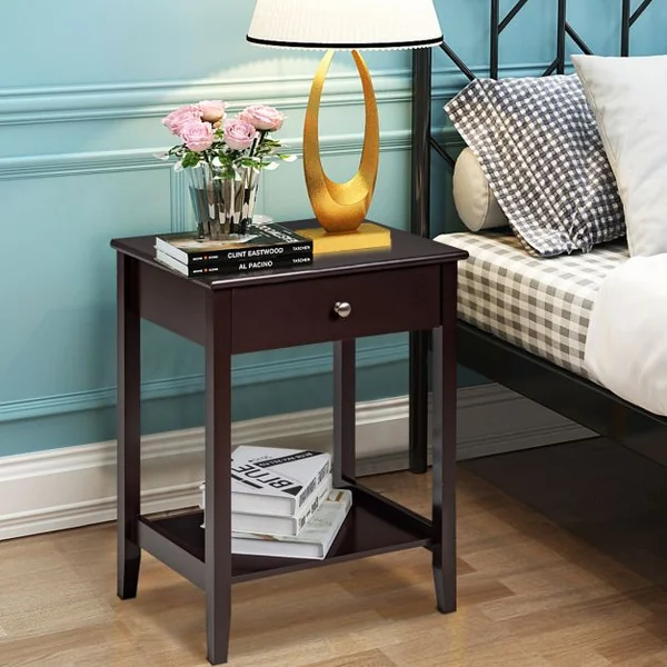 Lot de Table de Chevet à 2 Niveaux avec 1 Tiroir Table d'Appoint de Style Moderne Brun