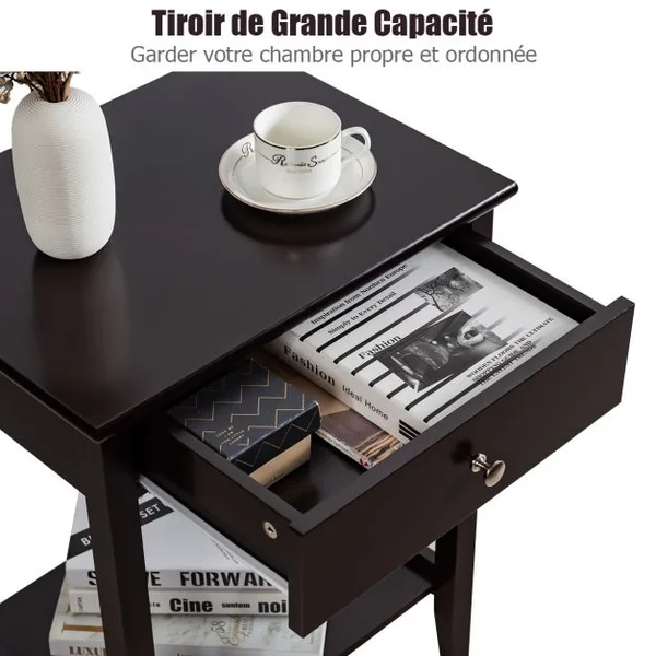 Lot de Table de Chevet à 2 Niveaux avec 1 Tiroir Table d'Appoint de Style Moderne Brun