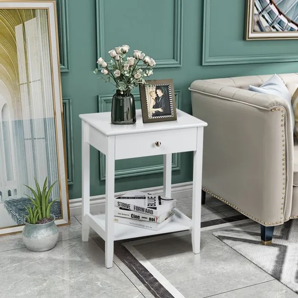 Lot de Table de Chevet à 2 Niveaux Table d'Appoint avec 1 Tiroir de Style Moderne Blanc