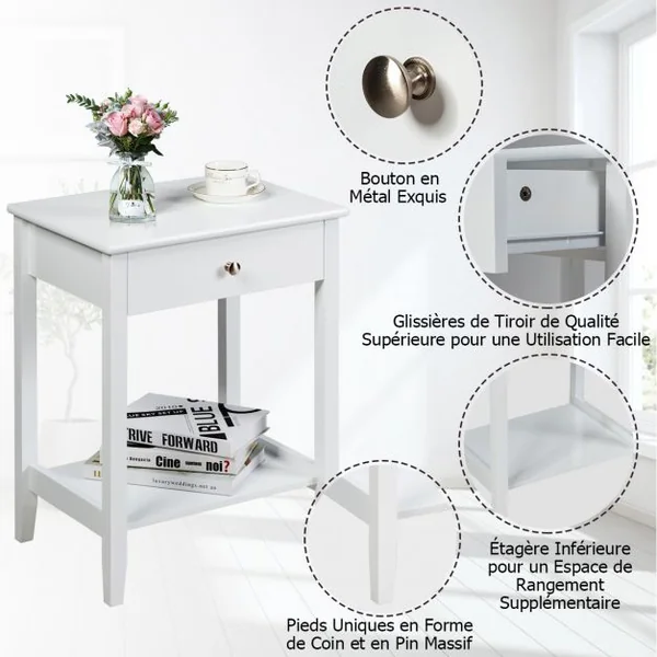 Lot de Table de Chevet à 2 Niveaux Table d'Appoint avec 1 Tiroir de Style Moderne Blanc