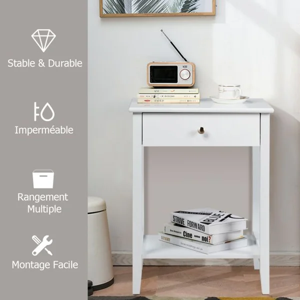Lot de Table de Chevet à 2 Niveaux Table d'Appoint avec 1 Tiroir de Style Moderne Blanc