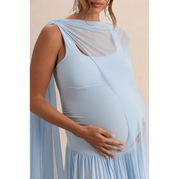 Louella | Robe longue de maternité bleu clair à encolure ronde avec cape transparente