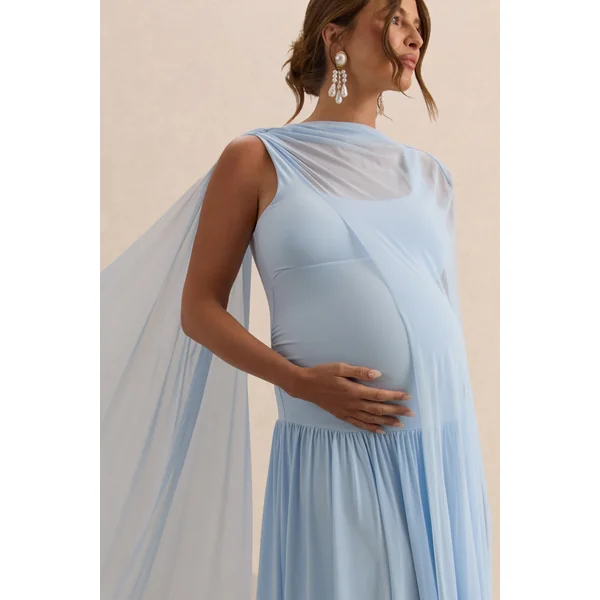 Louella | Robe longue de maternité bleu clair à encolure ronde avec cape transparente