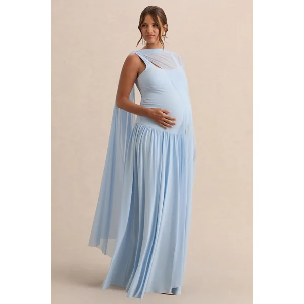 Louella | Robe longue de maternité bleu clair à encolure ronde avec cape transparente