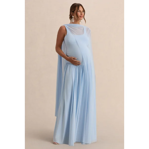 Louella | Robe longue de maternité bleu clair à encolure ronde avec cape transparente