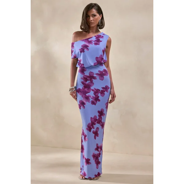 Louisa | Robe longue à imprimé floral flouté et encolure asymétrique