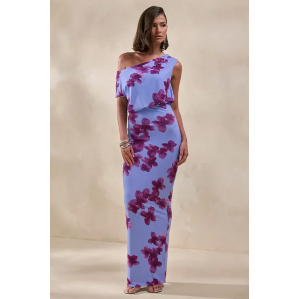 Louisa | Robe longue à imprimé floral flouté et encolure asymétrique