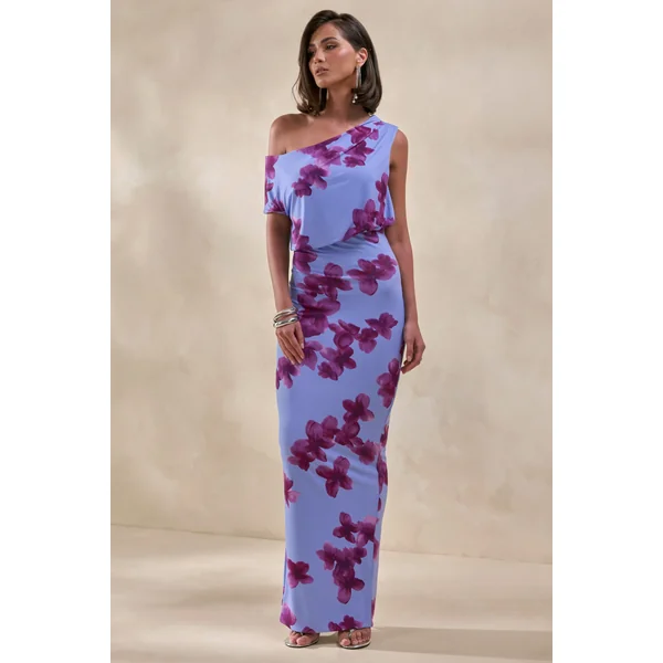 Louisa | Robe longue à imprimé floral flouté et encolure asymétrique