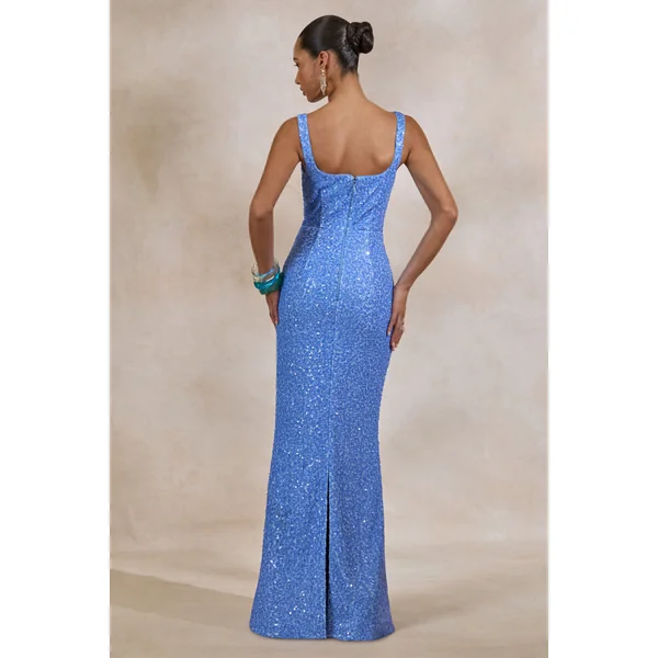 Lucelle | Robe longue bleu poudré à sequins et décolleté arrondi