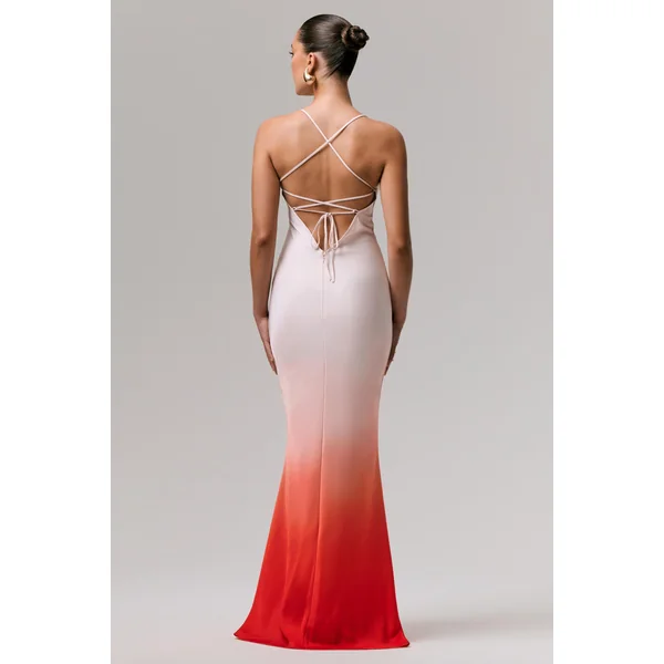 Lucie | Robe longue en satin rouge ombré à col bénitier