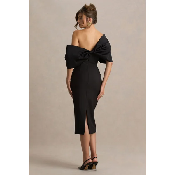 Lucille | Robe Mi-Longue Bardot Asymétrique Noire