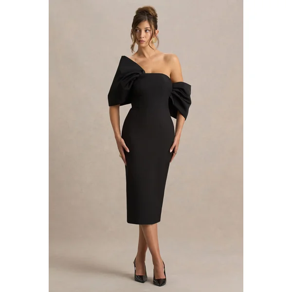 Lucille | Robe Mi-Longue Bardot Asymétrique Noire