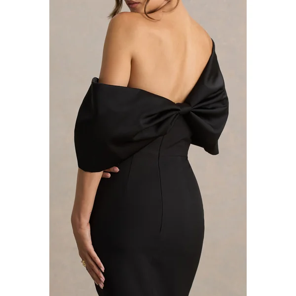 Lucille | Robe Mi-Longue Bardot Asymétrique Noire
