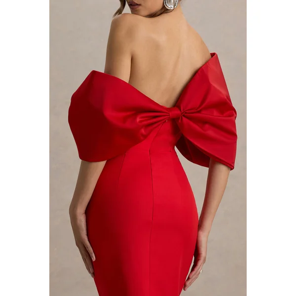 Lucille | Robe mi-longue Bardot asymétrique rouge