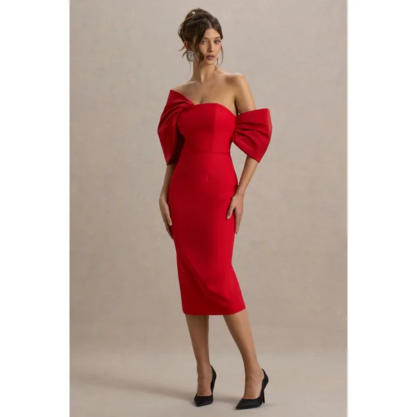Lucille | Robe mi-longue Bardot asymétrique rouge
