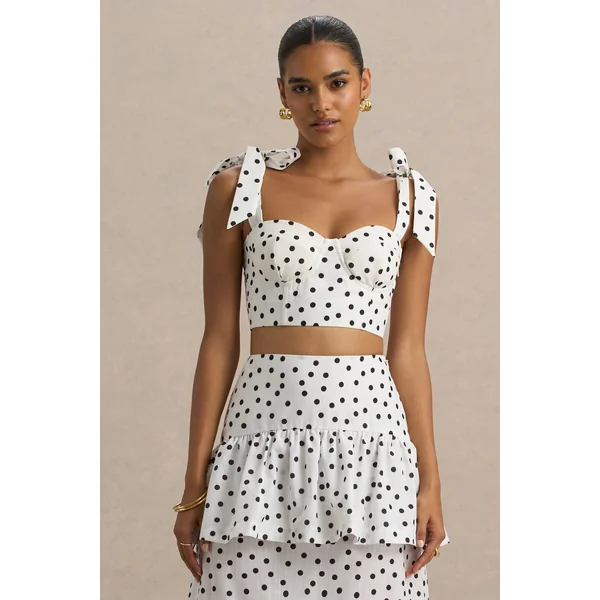 Lumen | Top corset blanc à pois avec décolleté cœur et bretelles à nœuds