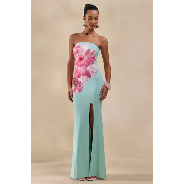 Lumia | Robe Longue Bandeau Vert Sauge à Imprimé Rose Placé