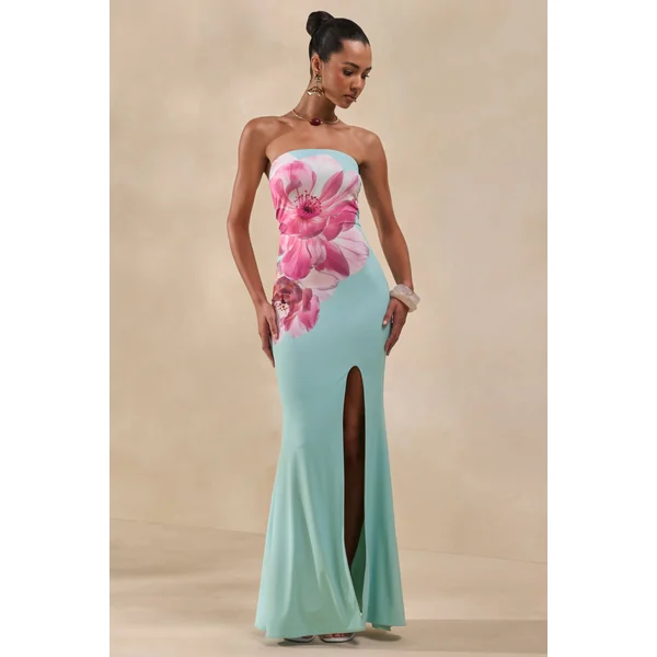 Lumia | Robe Longue Bandeau Vert Sauge à Imprimé Rose Placé