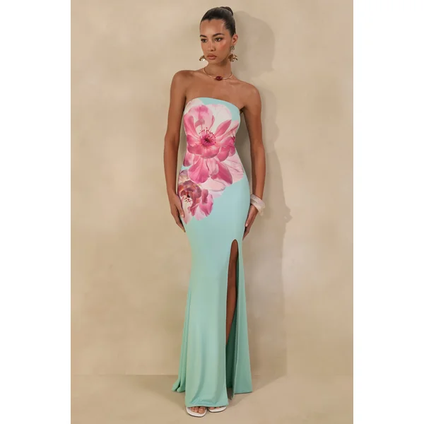 Lumia | Robe Longue Bandeau Vert Sauge à Imprimé Rose Placé