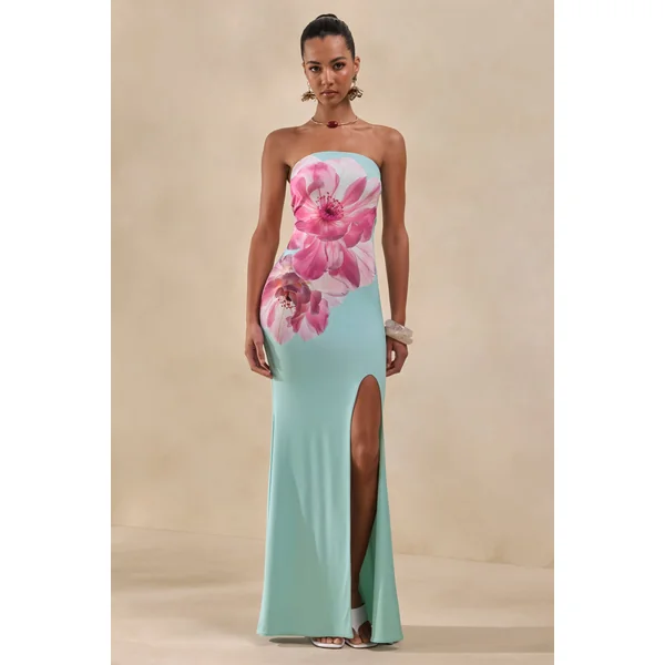Lumia | Robe Longue Bandeau Vert Sauge à Imprimé Rose Placé