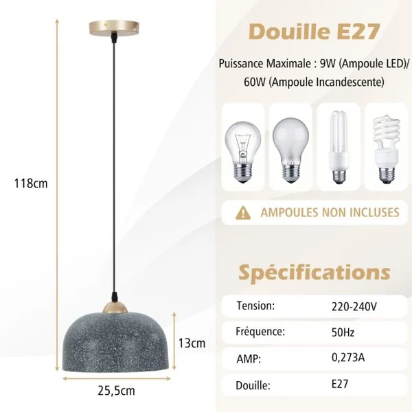 Luminaire Suspendu Plafonnier Suspendu avec Câble de Suspension Réglable et Culot d'Ampoule E27 pour Cuisine Chambre Couloir