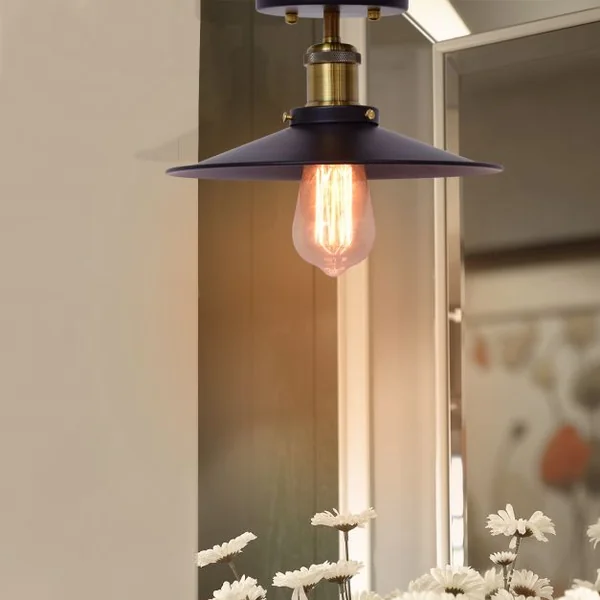 Luminaire suspension en métal Luminaire industriel Vintage Eclairage de Plafond Rond Edison 220V, 60W, 25.5 x 14 cm, Noir