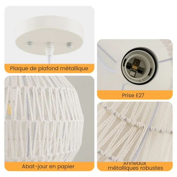 Luminaire Suspension Ø 43 x H 34cm Forme Rond en Papier Tissé Abat-jour Métalliques avec Corde Réglable E27 40W pour Cuisine