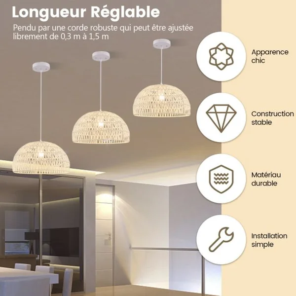 Luminaire Suspension Φ 45cm en Papier Tissé Forme de Dôme Abat-jour Métalliques avec Corde Réglable E27 40W pour Cuisine