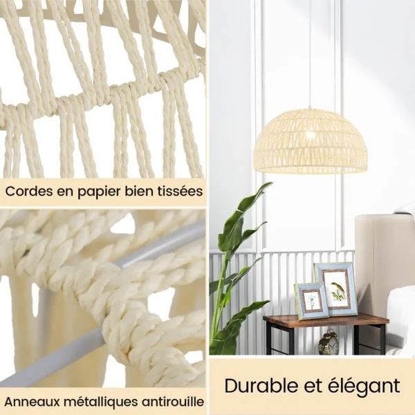 Luminaire Suspension Φ 45cm en Papier Tissé Forme de Dôme Abat-jour Métalliques avec Corde Réglable E27 40W pour Cuisine