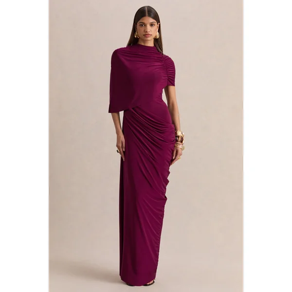 Lunaline | Robe longue bordeaux à encolure haute avec cape asymétrique et détails drapés