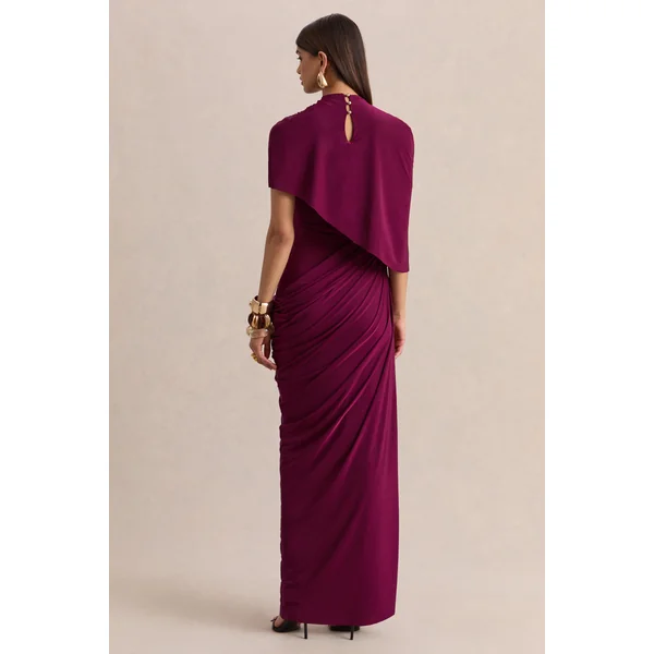 Lunaline | Robe longue bordeaux à encolure haute avec cape asymétrique et détails drapés