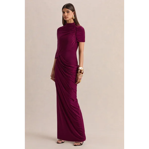 Lunaline | Robe longue bordeaux à encolure haute avec cape asymétrique et détails drapés