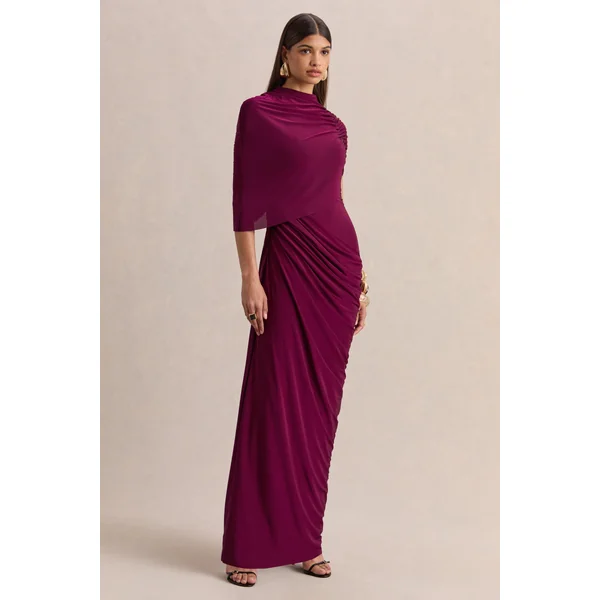 Lunaline | Robe longue bordeaux à encolure haute avec cape asymétrique et détails drapés