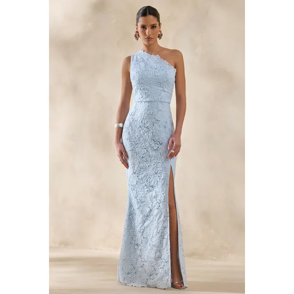 Lunia | Robe longue bleu poudré en broderie anglaise à encolure asymétrique