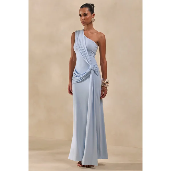 Lunoria | Robe longue bleu poudré à encolure asymétrique et détails froncés