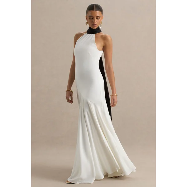 Luscious | Robe longue blanche et noire encolure haute taille basse et détail nœud
