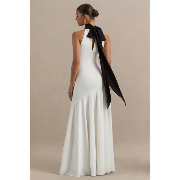 Luscious | Robe longue blanche et noire encolure haute taille basse et détail nœud