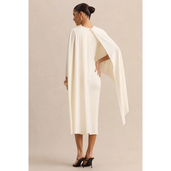Luxalyn | Robe mi-longue crème à encolure ronde avec détail cape