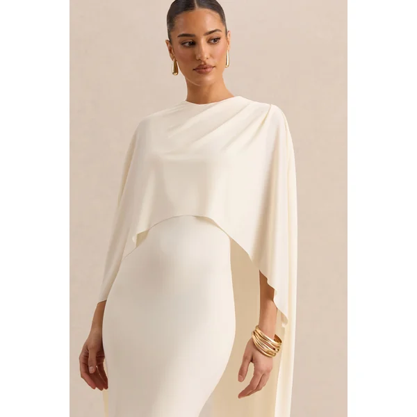 Luxalyn | Robe mi-longue crème à encolure ronde avec détail cape