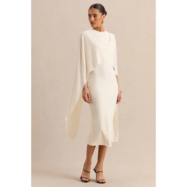 Luxalyn | Robe mi-longue crème à encolure ronde avec détail cape