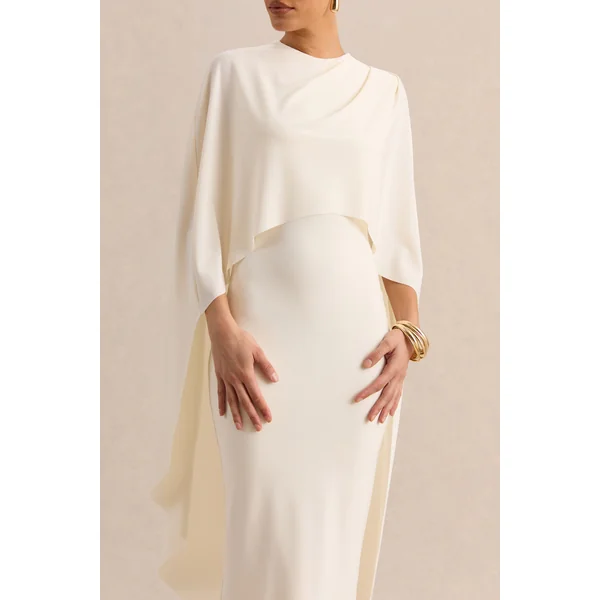 Luxalyn | Robe mi-longue crème à encolure ronde avec détail cape