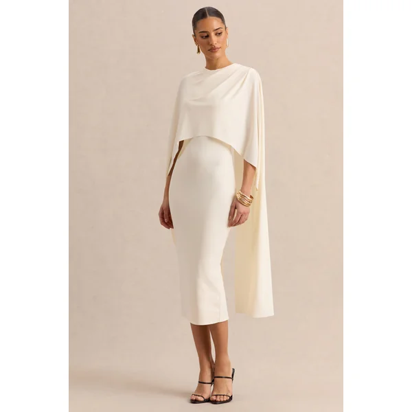 Luxalyn | Robe mi-longue crème à encolure ronde avec détail cape