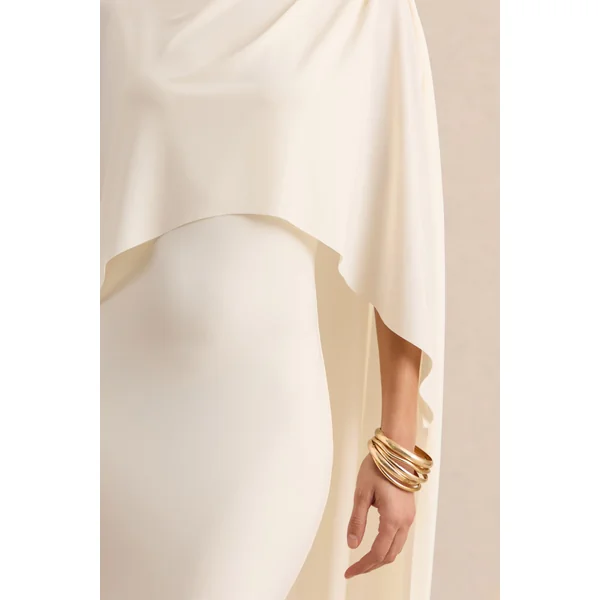Luxalyn | Robe mi-longue crème à encolure ronde avec détail cape