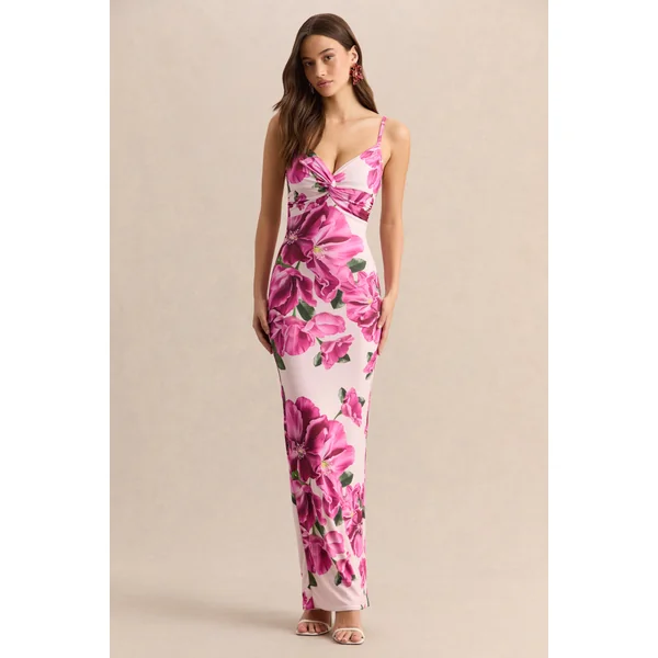 Luz | Robe longue à bretelles imprimé hibiscus rose