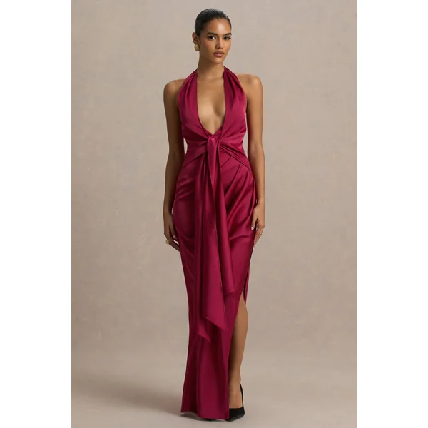 Lynette | Robe longue asymétrique bordeaux en satin à encolure plongeante